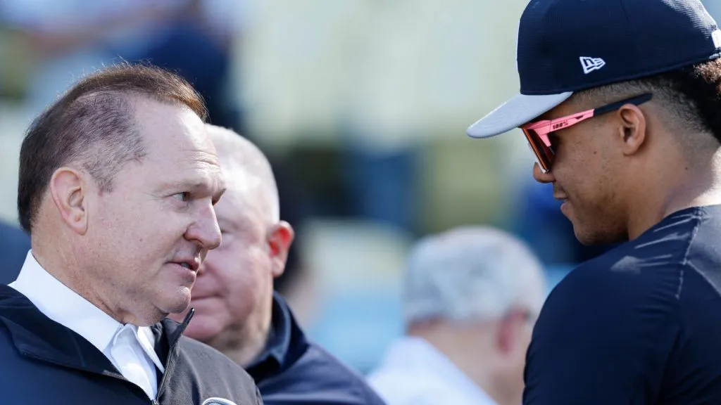 Sports agent Scott Boras talks to Juan Soto #22 of the New York Yankees during batting practice ahead of Game One of the 2024 World Series at Dodger Stadium on October 25, 2024 in Los Angeles, California. (Photo by Kevork Djansezian/Getty Images)