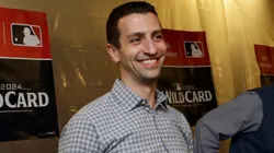 General manager David Stearns of the New York Mets celebrates in the locker room after the Mets beat the Milwaukee Brewers 4-2 in Game Three of the Wild Card Series at American Family Field on October 03, 2024 in Milwaukee, Wisconsin.