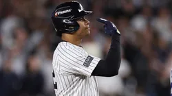 Juan Soto #22 of the New York Yankees reacts after hitting a double during the eighth inning of Game Four of the 2024 World Series against the Los Angeles Dodgers at Yankee Stadium on October 29, 2024 in the Bronx borough of New York City.