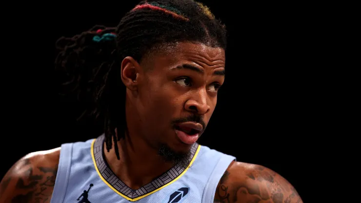 Ja Morant #12 of the Memphis Grizzlies looks on against the Brooklyn Nets during the first half at Barclays Center on November 04, 2024 in the Brooklyn borough of New York City.