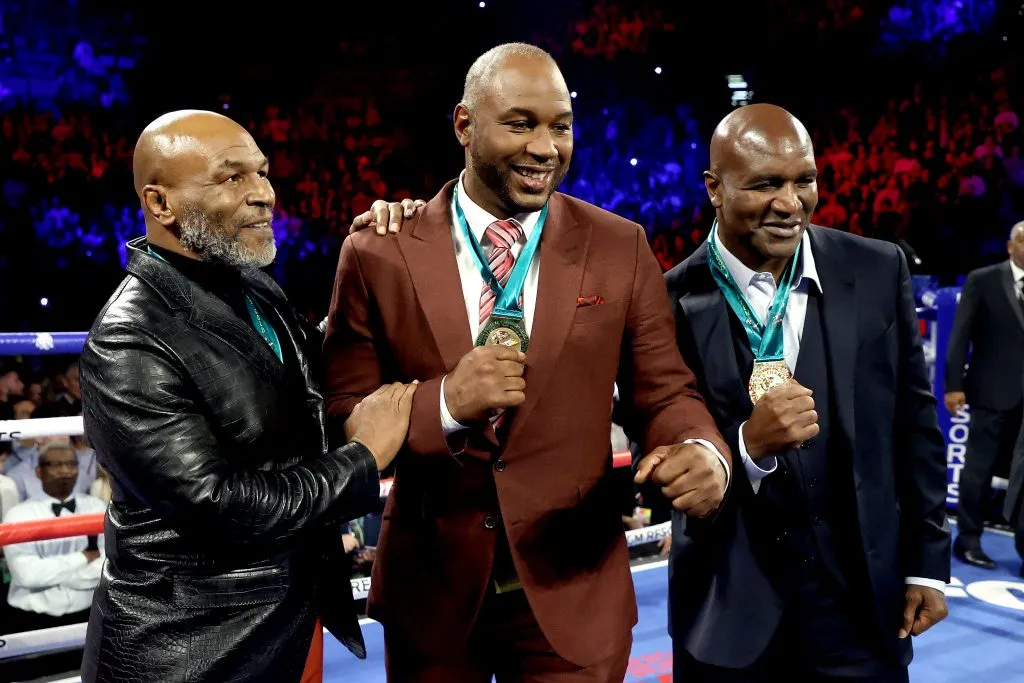 LAS VEGAS, NEVADA – FEBRUARY 22: (L-R) Former Heavyweight Champions Mike Tyson, Lennox Lewis and Evander Holyfield are honored prior to the Heavyweight bout for Wilder’s WBC and Fury’s lineal heavyweight title between Tyson Fury and Deontay Wilder on February 22, 2020 at MGM Grand Garden Arena in Las Vegas, Nevada. (Photo by Al Bello/Getty Images)