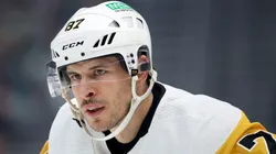 Sidney Crosby #87 of the Pittsburgh Penguins takes a faceoff against the Seattle Kraken during the first period at Climate Pledge Arena on February 29, 2024 in Seattle, Washington.
