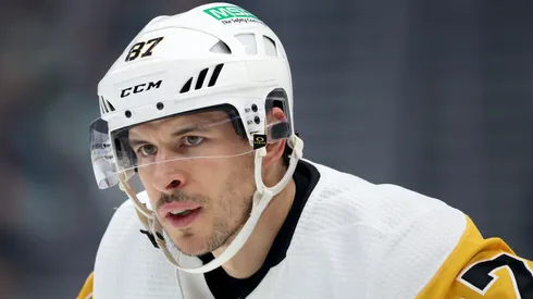 Sidney Crosby #87 of the Pittsburgh Penguins takes a faceoff against the Seattle Kraken during the first period at Climate Pledge Arena on February 29, 2024 in Seattle, Washington.