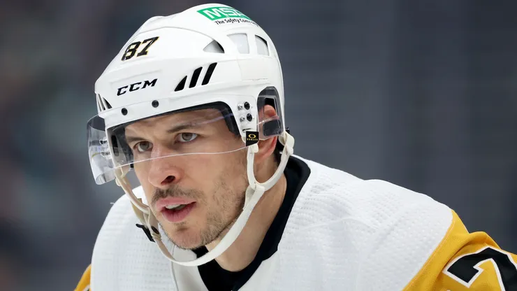 Sidney Crosby #87 of the Pittsburgh Penguins takes a faceoff against the Seattle Kraken during the first period at Climate Pledge Arena on February 29, 2024 in Seattle, Washington.