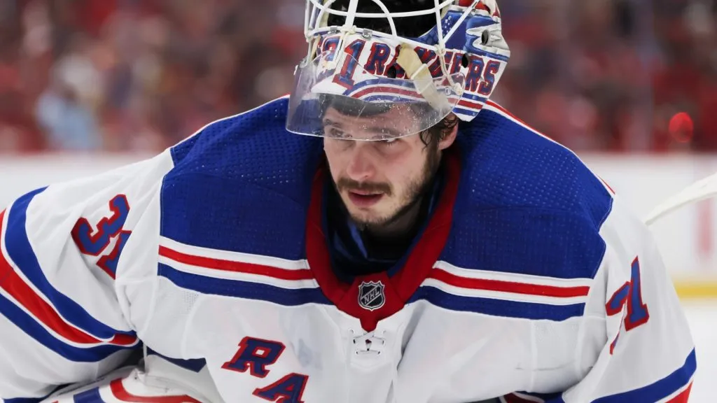 Igor Shesterkin #31 of the New York Rangers looks on against the Florida Panthers during the second period in Game Three of the Eastern Conference Final of the 2024 Stanley Cup Playoffs at Amerant Bank Arena on May 26, 2024 in Sunrise, Florida.