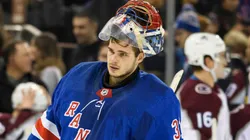 New York Rangers goaltender Igor Shesterkin (31) skates back to the net during the game between The New York Rangers and The Colorado Avalanche at Madison Square Garden in Manhattan, New York.