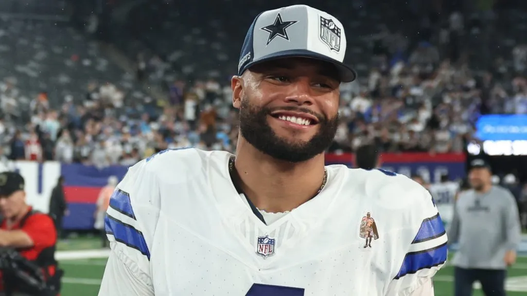 Dak Prescott #4 of the Dallas Cowboys reacts after a 40-0 victory against the New York Giants at MetLife Stadium on September 10, 2023. (Source: Tim Nwachukwu/Getty Images)