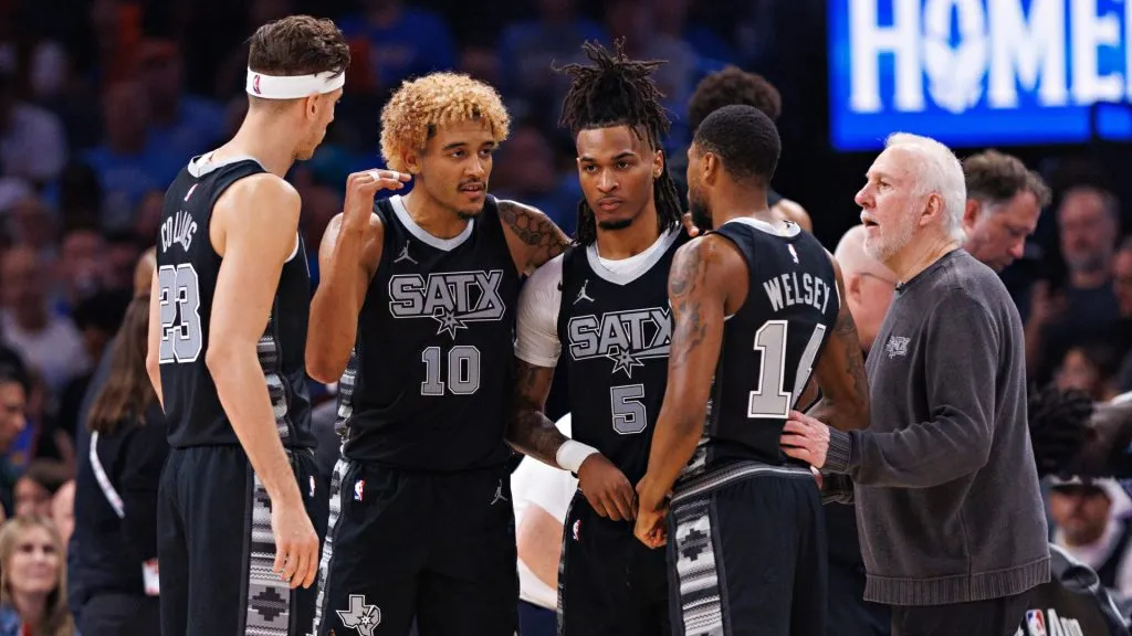 Head Coach Gregg Popovich of the San Antonio Spurs talks with his team during a timeout during the second half of a game against the Oklahoma City Thunder at Paycom Center on October 30, 2024 in Oklahoma City, Oklahoma. The Thunder defeated the Spurs 105-93. (Photo by Wesley Hitt/Getty Images)