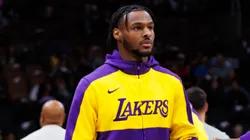 LeBron James #23 and Bronny James #9 of the Los Angeles Lakers warm up ahead of their NBA game against the Toronto Raptors at Scotiabank Arena on November 1, 2024 in Toronto, Canada.