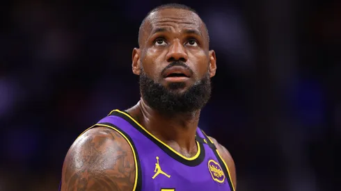 LeBron James #23 of the Los Angeles Lakers looks on against the Detroit Pistons during the second quarter at Little Caesars Arena on November 04, 2024 in Detroit, Michigan.