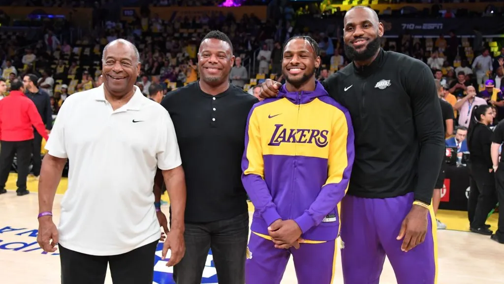 Ken Griffey Sr., Ken Griffey Jr., Bronny James and LeBron James pose for a photo prior to a basketball game between the Los Angeles Lakers and the Minnesota Timberwolves at Crypto.com Arena on October 22, 2024 in Los Angeles, California. (Photo by Allen Berezovsky/Getty Images)
