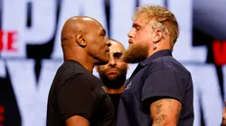 (L-R) Mike Tyson and Jake Paul speak onstage at the press conference in promotion for the upcoming Jake Paul vs. Mike Tyson boxing match at The Apollo Theater on May 13, 2024 in New York City.