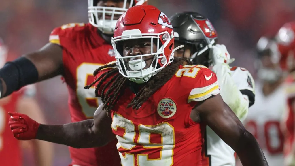 Kareem Hunt #29 of the Kansas City Chiefs reacts after a run against the Tampa Bay Buccaneers during the third quarter at GEHA Field at Arrowhead Stadium on November 04, 2024 in Kansas City, Missouri.