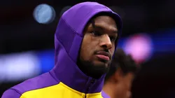 Bronny James #9 of the Los Angeles Lakers looks on during the third quarter against the Detroit Pistons at Little Caesars Arena on November 04, 2024 in Detroit, Michigan.