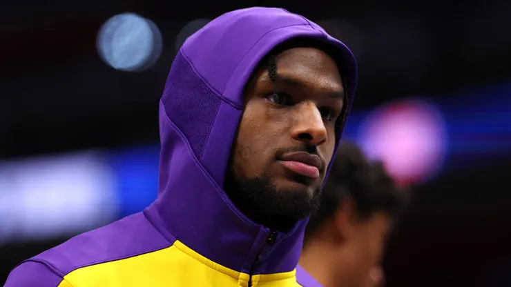 Bronny James #9 of the Los Angeles Lakers looks on during the third quarter against the Detroit Pistons at Little Caesars Arena on November 04, 2024 in Detroit, Michigan.