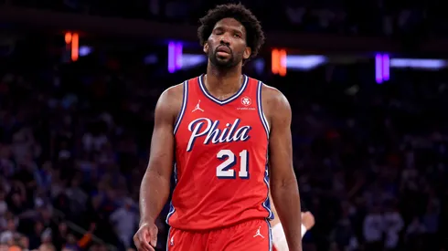 Joel Embiid #21 of the Philadelphia 76ers reacts late in game one of the Eastern Conference First Round Playoffs at Madison Square Garden