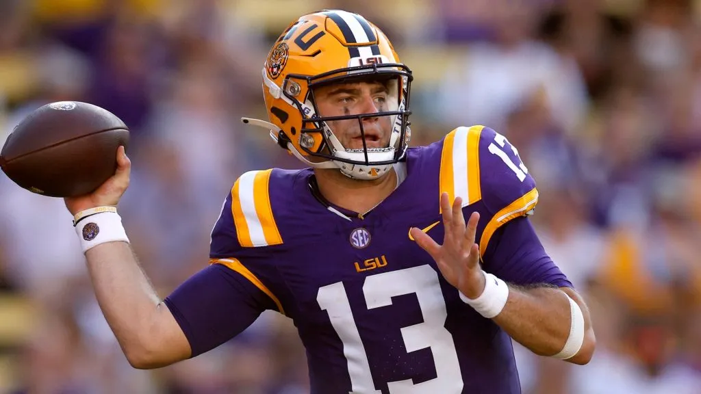 Garrett Nussmeier #13 of the LSU Tigers passes the ball during the third quarter of an NCAA football game against the UCLA Bruins at Tiger Stadium on September 21, 2024 in Baton Rouge, Louisiana.