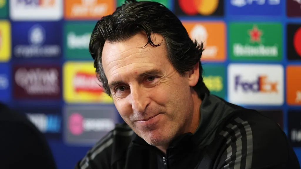 Unai Emery, Manager of Aston Villa looks on during the UEFA Champions League 2024/25 League Phase MD2 training and press conference at Bodymoor Heath training ground in  2024. (Source: Cameron Smith/Getty Images)