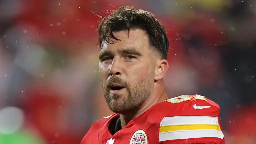 Travis Kelce #87 of the Kansas City Chiefs looks on before the game against the Tampa Bay Buccaneers at GEHA Field at Arrowhead Stadium on November 04, 2024 in Kansas City, Missouri.