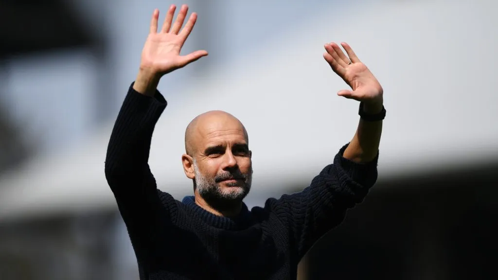 Pep Guardiola, Manager of Manchester City, acknowledges the fans following the Premier League match between Fulham FC and Manchester City at Craven Cottage on May 11, 2024. (Source: Justin Setterfield/Getty Images)