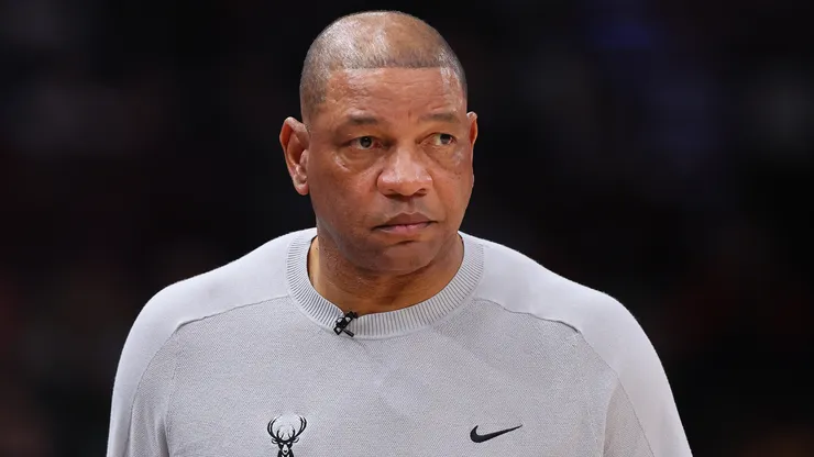 Head coach Doc Rivers of the Milwaukee Bucks looks on against the Chicago Bulls during the first half at the United Center