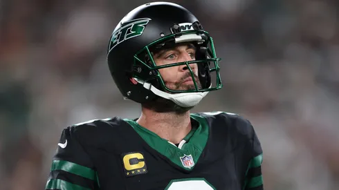 Aaron Rodgers #8 of the New York Jets looks on during the third quarter against the Houston Texans at MetLife Stadium on October 31, 2024 in East Rutherford, New Jersey.