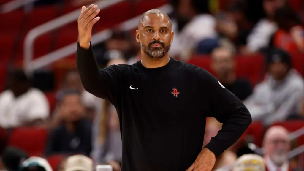 Head coach Ime Udoka of the Houston Rockets reacts in the second half against the Memphis Grizzlies at Toyota Center on October 25, 2024. (Source: Tim Warner/Getty Images)