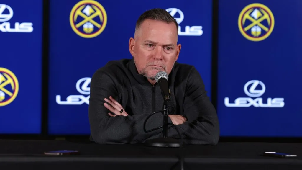 Denver Nuggets head coach Michael Malone speaks in a pre-game press conference before the game against the Los Angeles Lakers at Ball Arena on October 24, 2023. (Source: Justin Tafoya/Getty Images)