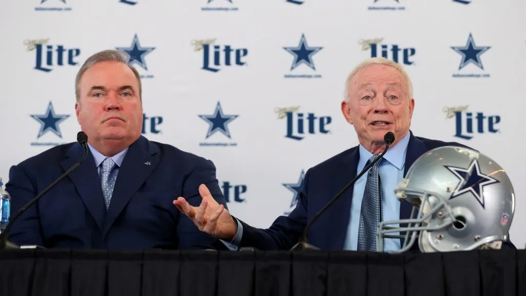 Head coach Mike McCarthy of the Dallas Cowboys and Dallas Cowboys owner Jerry Jones talk with the media during a press conference at the Ford Center at The Star on January 08, 2020 in Frisco, Texas.