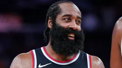 James Harden #1 of the Los Angeles Clippers smiles between plays in the fourth quarter against the Golden State Warriors at Chase Center on October 27, 2024.