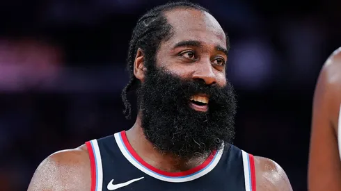 James Harden #1 of the Los Angeles Clippers smiles between plays in the fourth quarter against the Golden State Warriors at Chase Center on October 27, 2024.
