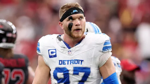 Aidan Hutchinson #97 of the Detroit Lions looks on against the Arizona Cardinals during the fourth quarter at State Farm Stadium on September 22, 2024 in Glendale, Arizona.
