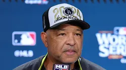 Manager Dave Roberts #30 of the Los Angeles Dodgers talks to the media after the Dodgers defeated the New York Yankees 7-6 in game 5 to win the 2024 World Series at Yankee Stadium on October 30, 2024 in the Bronx borough of New York City.