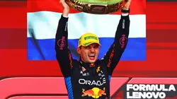 Race winner Max Verstappen of the Netherlands and Oracle Red Bull Racing celebrates on the podium after the F1 Grand Prix of Brazil
