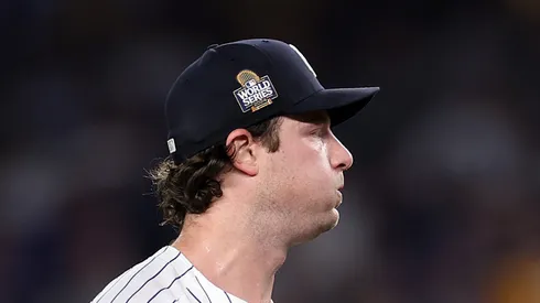 Gerrit Cole #45 of the New York Yankees reacts after Teoscar HernƔndez #37 of the Los Angeles Dodgers hit a two-RBI double during the fifth inning of Game Five of the 2024 World Series at Yankee Stadium on October 30, 2024 in the Bronx borough of New York City.