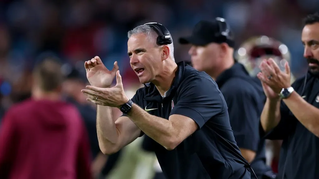 Head coach Mike Norvell of the Florida State Seminoles reacts in the third quarter against the Georgia Bulldogs during the Capital One Orange Bowl at Hard Rock Stadium on December 30, 2023 in Miami Gardens, Florida.