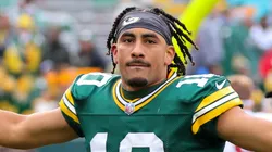 Jordan Love #10 of the Green Bay Packers runs off the field after defeating the Arizona Cardinals 34-13 at Lambeau Field on October 13, 2024 in Green Bay, Wisconsin.