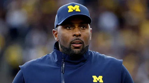 Interim head coach Sherrone Moore of the Michigan Wolverines looks on before a game against the Bowling Green Falcons at Michigan Stadium on September 16, 2023 in Ann Arbor, Michigan.