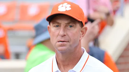 Head coach Dabo Swinney of Clemson Tigers takes the field during pregame against Charleston Southern Buccaneers at Memorial Stadium on September 9, 2023 in Clemson, South Carolina.