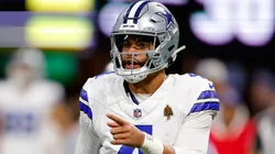 Dak Prescott #4 of the Dallas Cowboys reacts during the second quarter against the Atlanta Falcons at Mercedes-Benz Stadium on November 03, 2024 in Atlanta, Georgia.