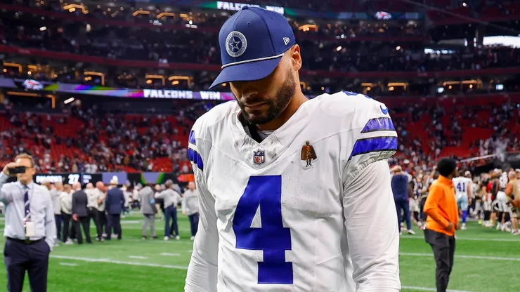 Dak Prescott #4 of the Dallas Cowboys walks off the field after a loss to the Atlanta Falcons at Mercedes-Benz Stadium on November 03, 2024 in Atlanta, Georgia.