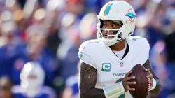 Tua Tagovailoa #1 of the Miami Dolphins looks to pass against the Buffalo Bills during the first quarter at Highmark Stadium on November 03, 2024 in Orchard Park, New York.