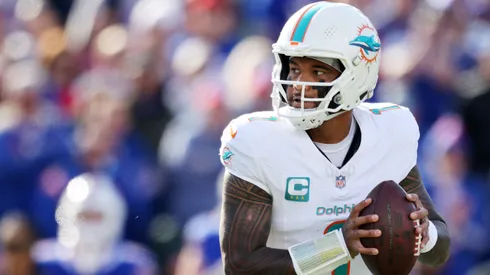 Tua Tagovailoa #1 of the Miami Dolphins looks to pass against the Buffalo Bills during the first quarter at Highmark Stadium on November 03, 2024 in Orchard Park, New York.