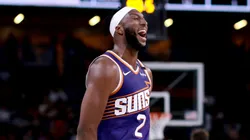Josh Okogie #2 of the Phoenix Suns reacts after a 118-114 win against the Los Angeles Lakers at Acrisure Arena on October 06, 2024 in Palm Springs, California.