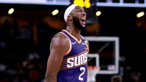 Josh Okogie #2 of the Phoenix Suns reacts after a 118-114 win against the Los Angeles Lakers at Acrisure Arena on October 06, 2024 in Palm Springs, California.
