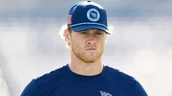 Will Levis #8 of the Tennessee Titans warms up prior to a game against the New England Patriots at Nissan Stadium on November 03, 2024 in Nashville, Tennessee.