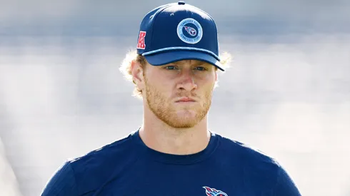 Will Levis #8 of the Tennessee Titans warms up prior to a game against the New England Patriots at Nissan Stadium on November 03, 2024 in Nashville, Tennessee.