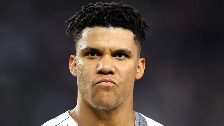 Juan Soto #22 of the New York Yankees looks on against the Boston Red Sox at Yankee Stadium on September 13, 2024 in the Bronx borough of New York City.