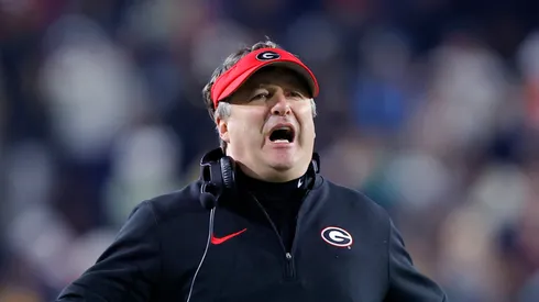 Head coach Kirby Smart of the Georgia Bulldogs reacts during the fourth quarter against the Georgia Tech Yellow Jackets at Bobby Dodd Stadium on November 25, 2023 in Atlanta, Georgia.