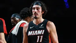 Jaime Jaquez Jr. #11 of the Miami Heat high fives with teammate during the second half of the game against the Washington Wizards at Arena Ciudad de Mexico